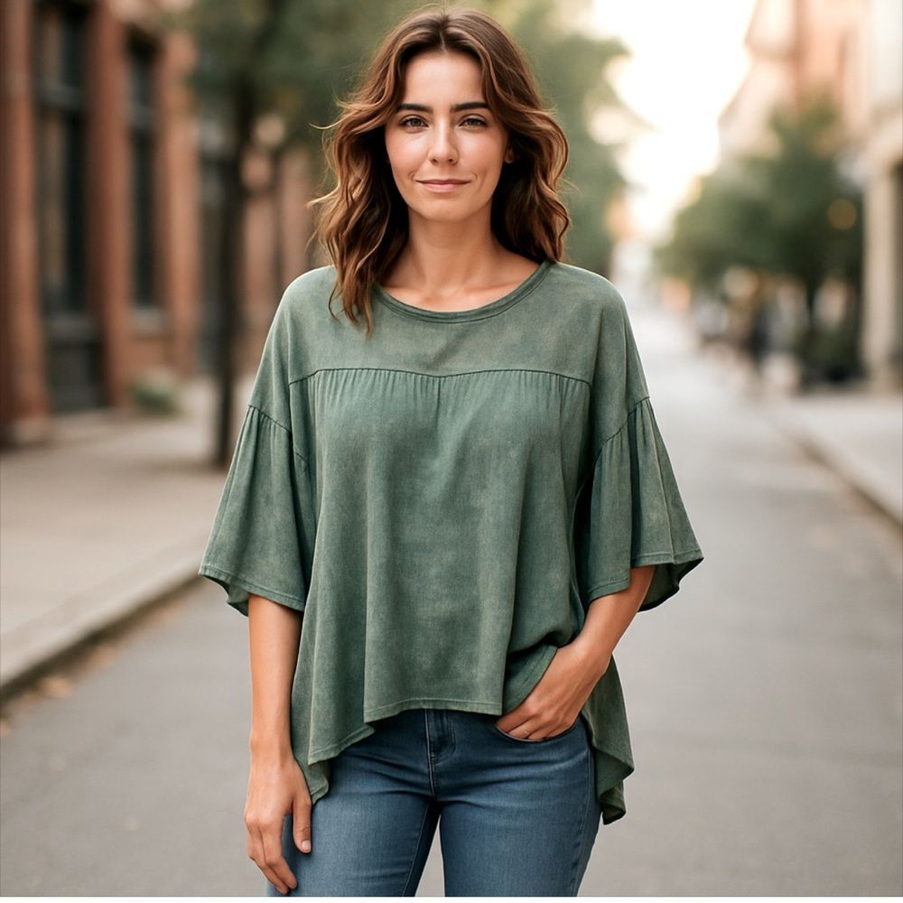 Anthropologie Eri + Ali Boardwalk Stroll Burnout Oversized Green Top sz Medium